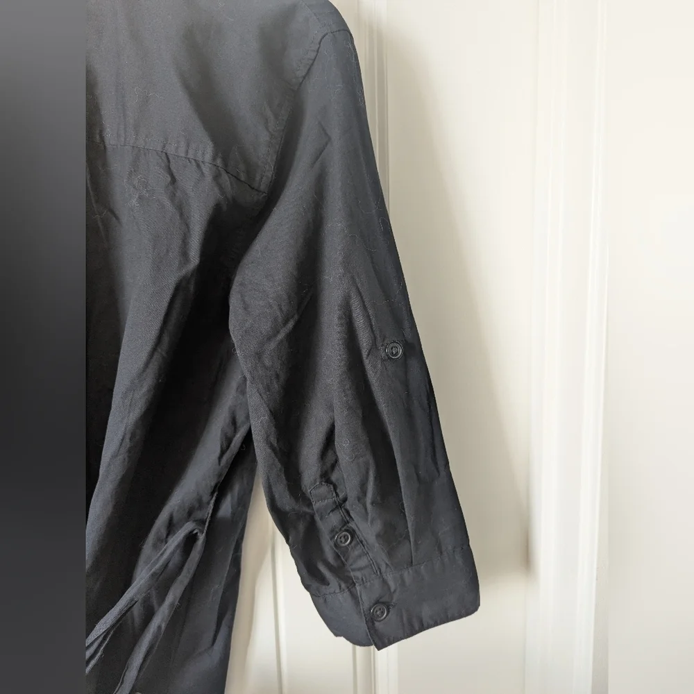 Classic Black Cotton Button-Front Shirt Dress with Belt, Pockets 3/4 Sleeves LG - Picture 12 of 12